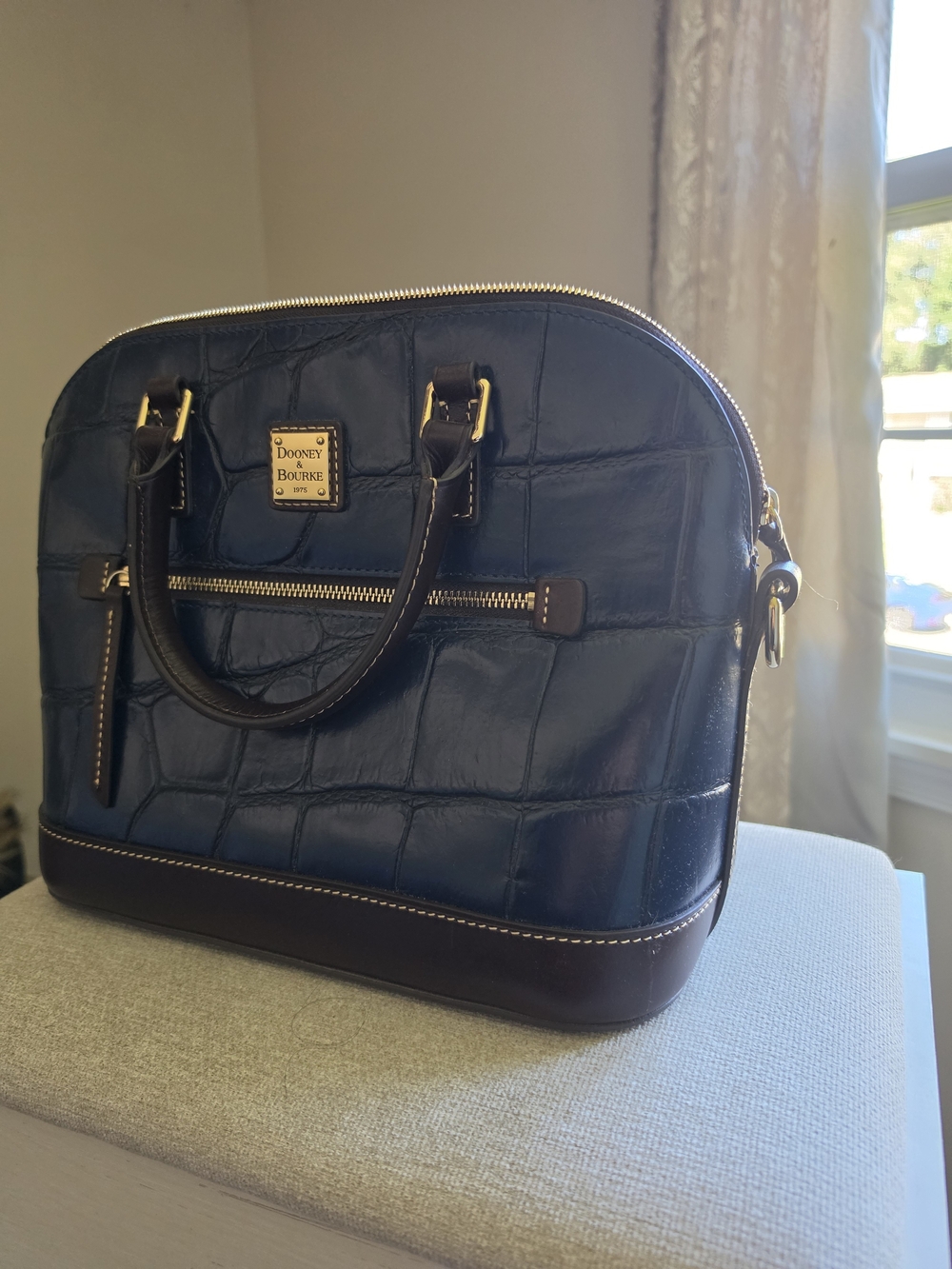 Dooney & Bourke Navy Croc-Embossed Dome Satchel with Brown Trim